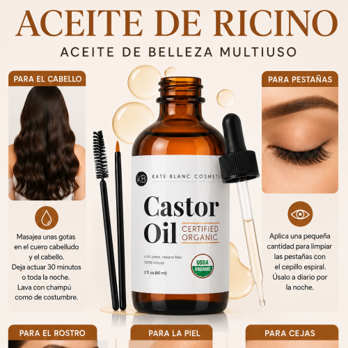 ACEITE RICINO - ORGÁNICO PREMIUM 100% PURO, PRENSADO EN FRÍO PARA CABELLO, PESTAÑAS, CEJAS Y PIEL, ESTREÑIMIENTO